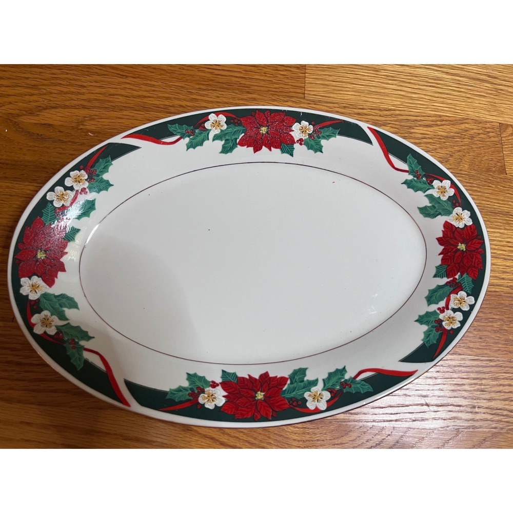 Tienshan Fine China Christmas Poinsettia Oval Serving Platter Gold Trim Holiday